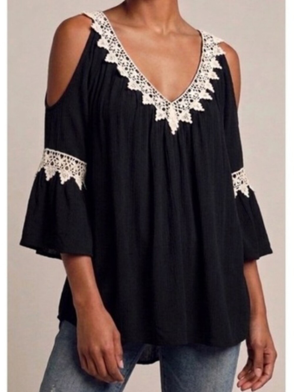 Black Cold-Shoulder Blouse with Cream Crochet Trim